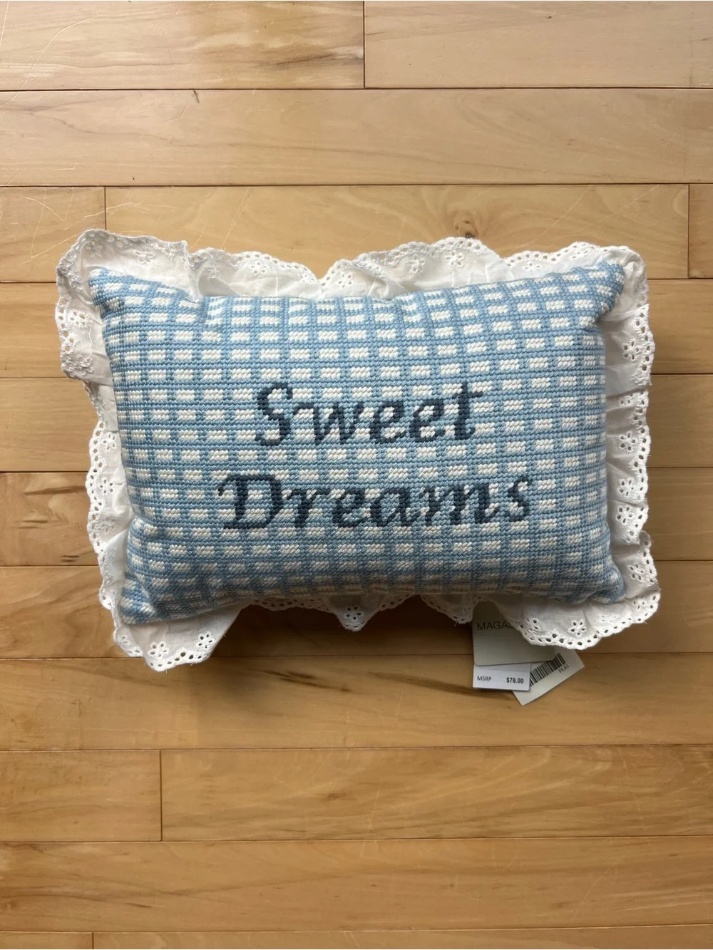 NWT Magaschoni Blue and White Gingham 'Sweet Dreams' Lace-Trim Pillow